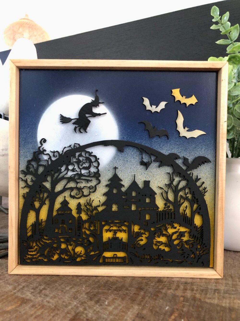 Halloween Hanging Wall Art, Haunted House, Flying Witch, Bats, Handmade